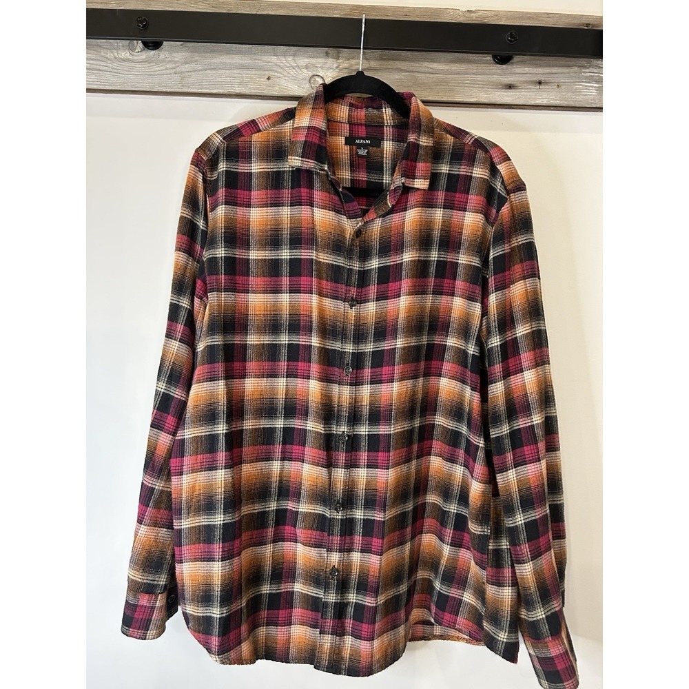 Alfani Mens Black Plaid Collared Long Sleeve Button-Down Shirt  Soft Flannel L